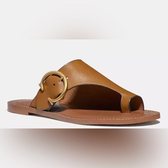 Coach Luca Leather Sandals Women’s Size 8.5 Tan Brown Slip-On Buckle Flats - Picture 1 of 6